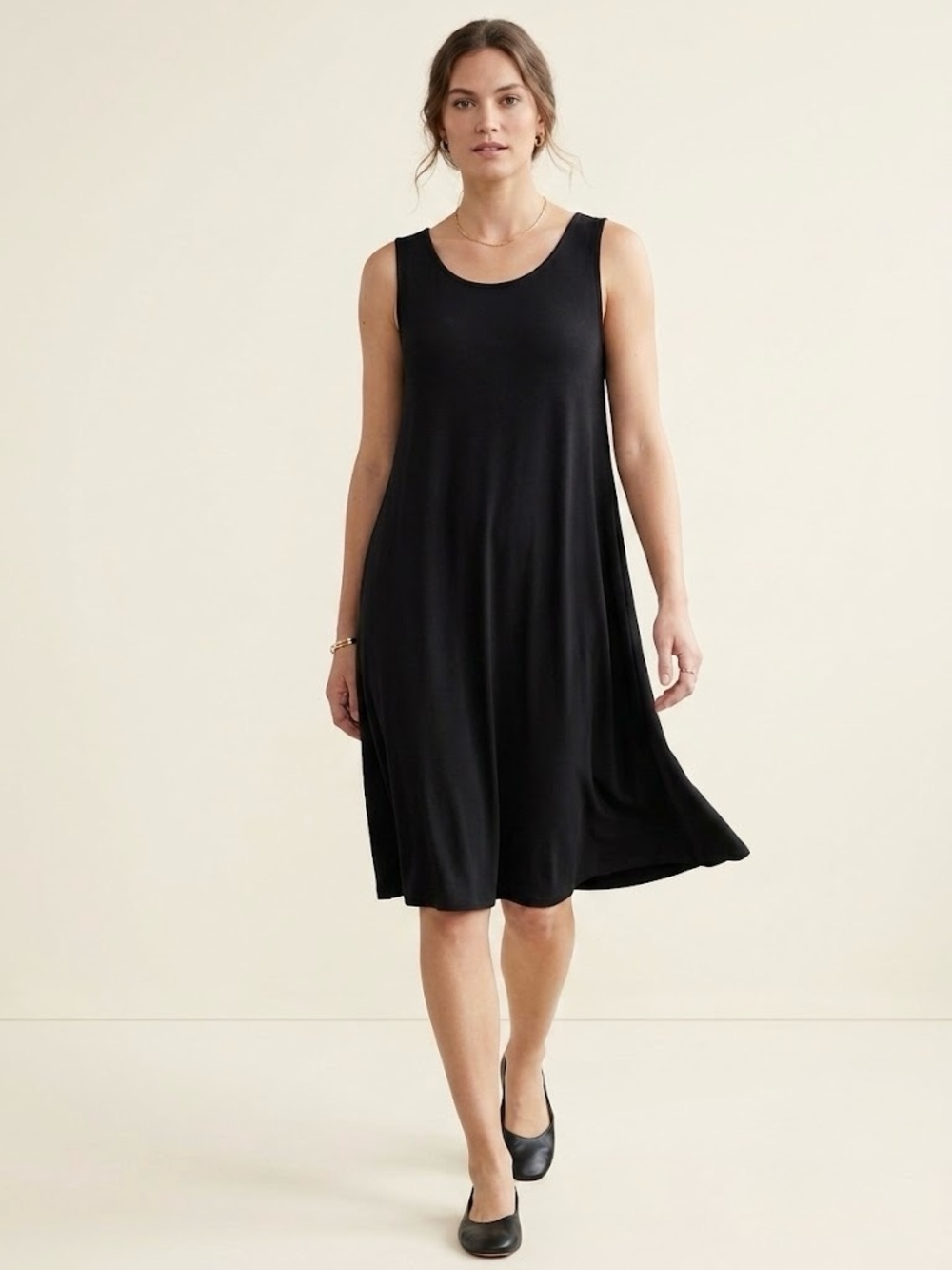 Eileen Fisher Black Viscose Jersey Sleeveless Stretch Tank Midi Dress Medium